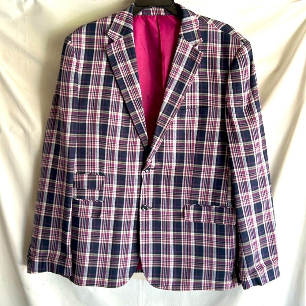 Men’s Biarelli Plaid Wool Blend Blazer With Navy Handpick Stitching | Size 2XL